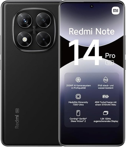 xiaomi Redmi Note 14 Pro 5G, 8 + 256 Go, noir, caméra AI de qualité professionnelle 200 MP, IP68, charge turbo 45 W avec batterie 5110 mAh, fonctionnalités IA