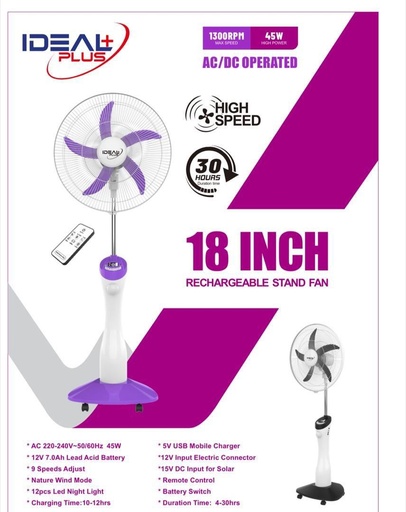 Ventilateur Rechargeable 18 Pouces Autonomie 30H Model 8098 De Marque Ideal Plus