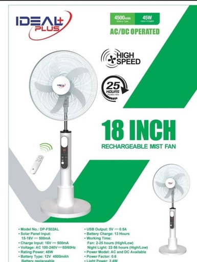 Ventilateur Rchargeable 18 Pouces Avec un Niveau De Vitesse De 1 à 12 Autonomie 24H Model IDP8088 De Marque Ideal Plus